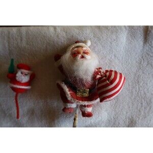 Rough Damaged Vintage Christmas Floral Pick Flocked Dancing Santa Claus + Bonus